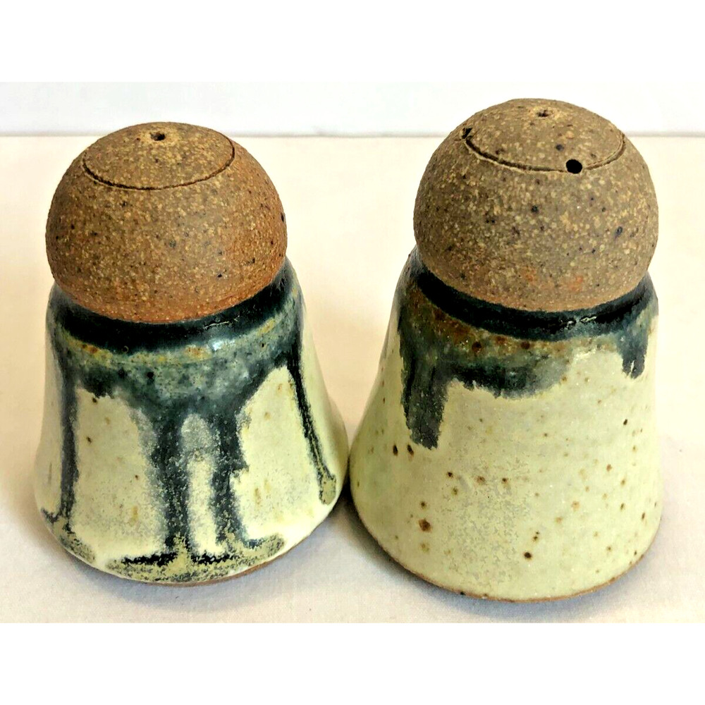 Handmade Art Pottery Shakers Drip Glaze Orb Mod Holes on Side Gray Tan Unmarked - Picture 2 of 4